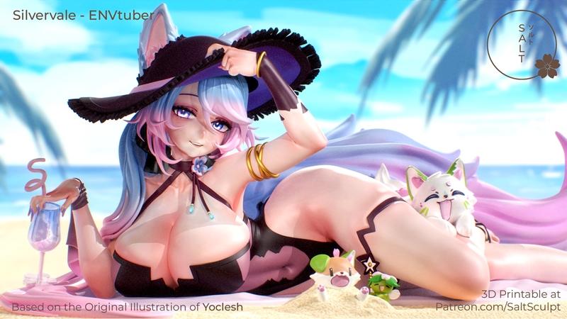 3D model of En Vtuber in a black swimsuit and witch hat, lying on a beach with a drink. She has pink and blue hair, c...