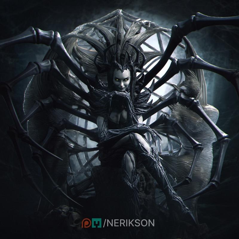 Nerikson's Spider Queen figure seated on a web-like throne, wearing dark, spidery armor with multiple large spider le...