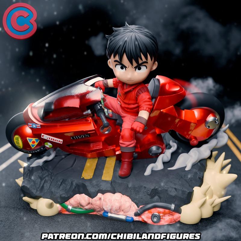 Chibi Kaneda from Akira sitting on a red motorcycle, with stylized smoke and a road base. Studio: Chibi Land Figures.