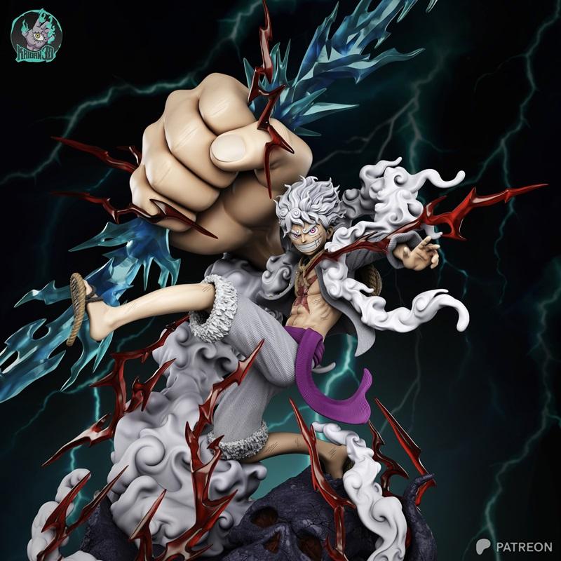 Monkey D. Luffy in Gear 5 form, mid-air with white hair and cloud-like aura, purple sash, red energy spikes, and blue...