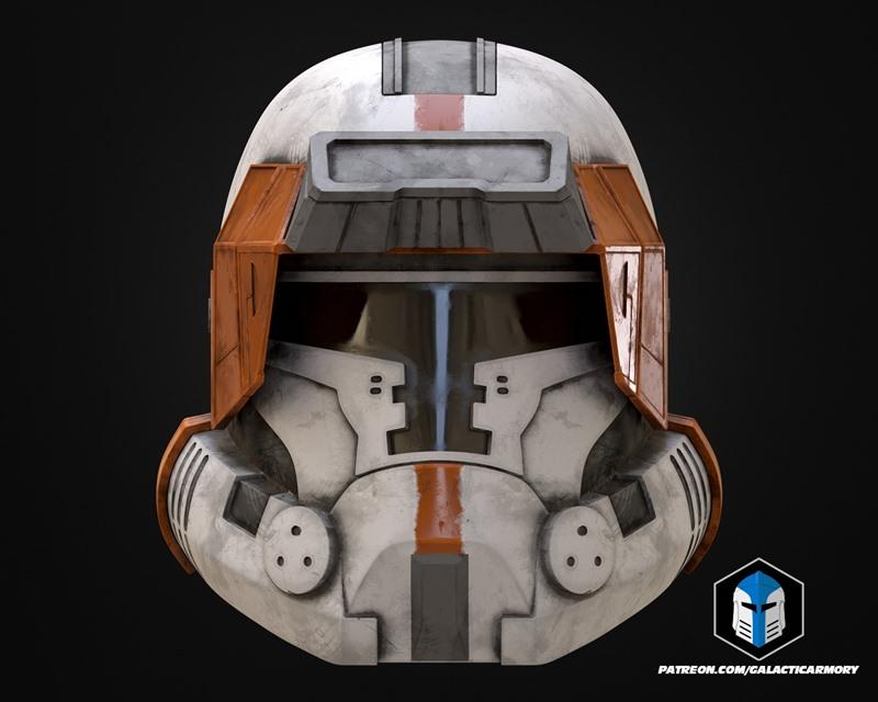 Close-up of a white and orange Havoc Trooper helmet from Star Wars, featuring grey accents and a dark visor. Detailed...