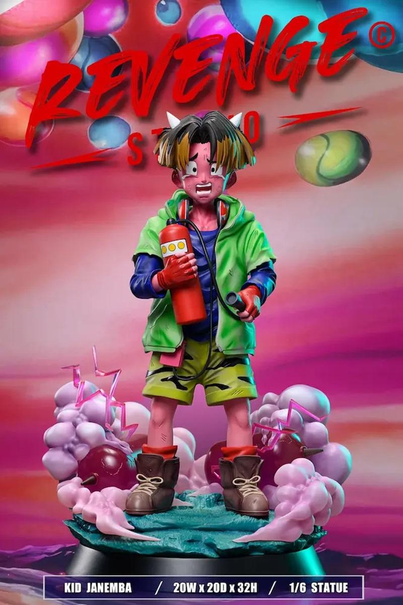 Kid Janemba figure by Revenge Studio, wearing a green hoodie, blue shirt, and patterned shorts, holding a red caniste...