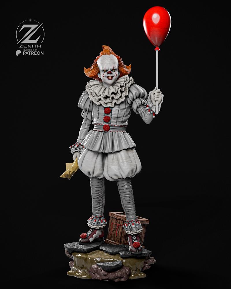 Pennywise the clown figure holding a red balloon, wearing a ruffled costume and standing on a rocky diorama base with...