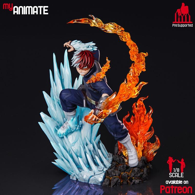 MyAnimate 1/8 scale 3D model of Todoroki from My Hero Academia, mid-action with ice erupting from his left and fire f...