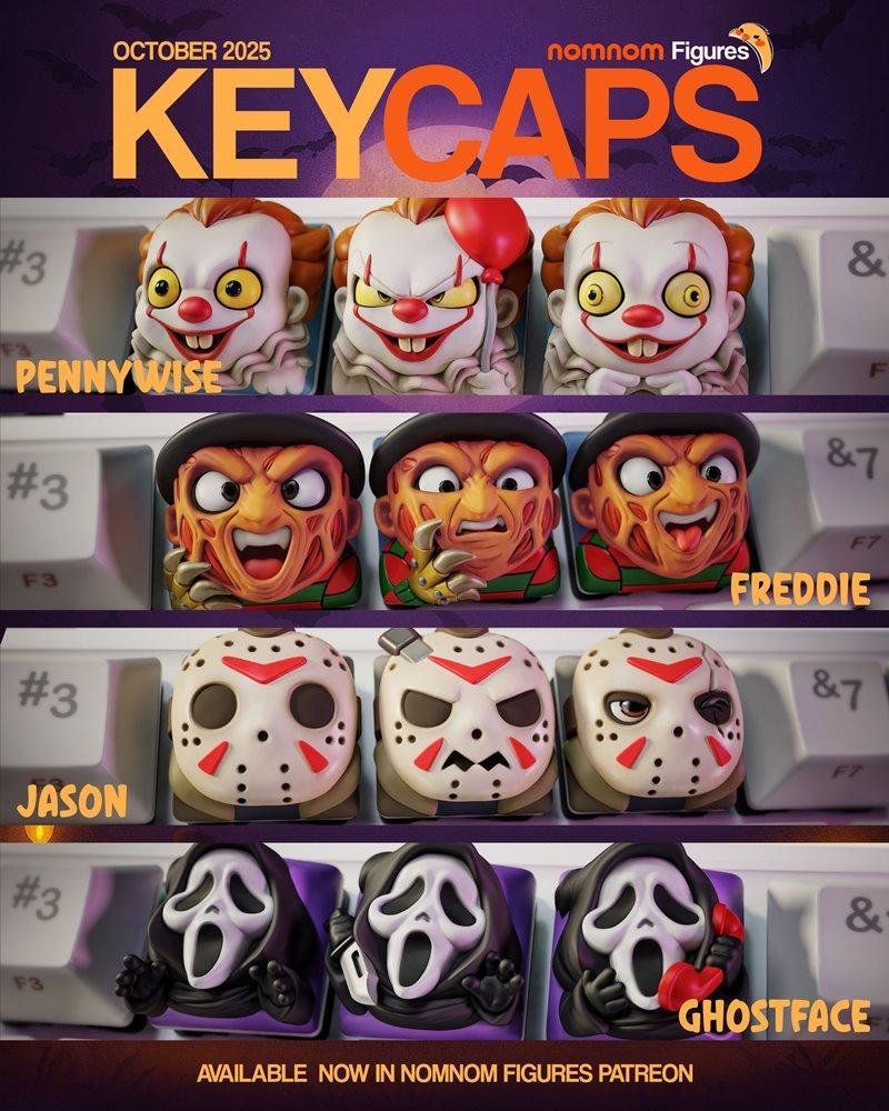Collection of stylized 3D printable keycaps featuring Pennywise, Freddy Krueger, Jason Voorhees, and Ghostface, desig...