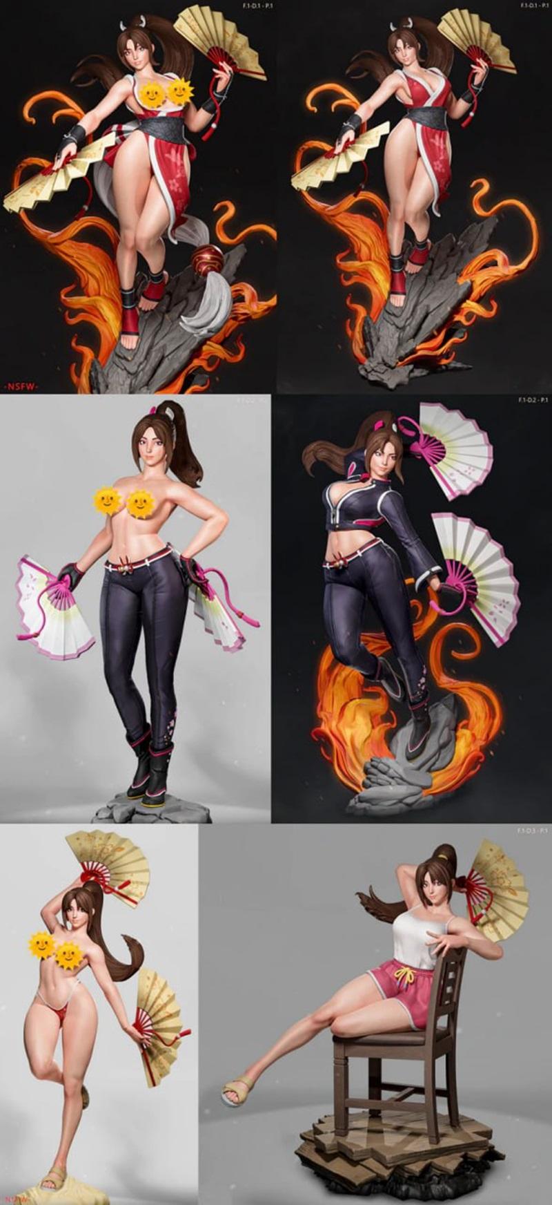 Multiple 3D models of Mai Shiranui from The King of Fighters: one in a red outfit with fans and fire, another in a da...