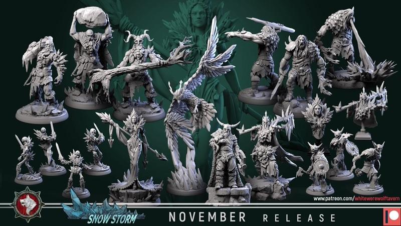 Collection of fantasy miniatures from White Werewolf Tavern's "Snow Storm" November release, featuring warr...