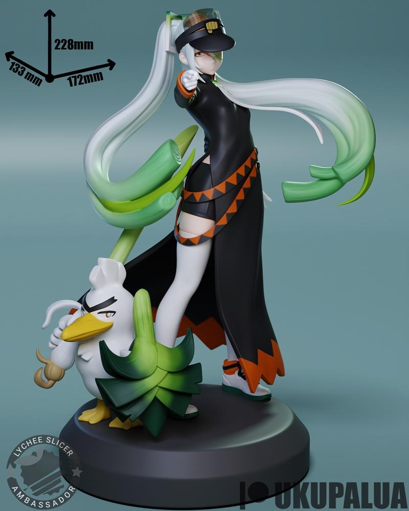 Hatsune Miku and Sirfetch'd 3D model figure, Miku in black dress with orange trim, holding leeks, Sirfetch'd duck-lik...