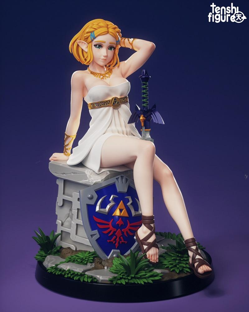 Princess Zelda figure sitting on a stone block, wearing a white dress and sandals, with the Master Sword and Hylian s...