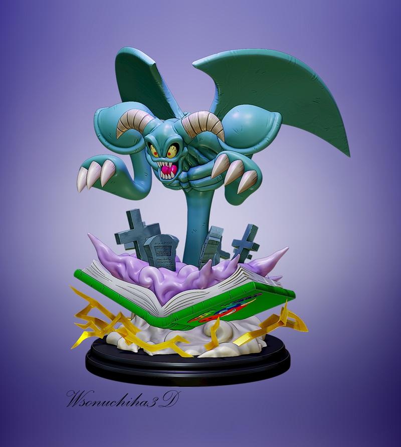 Toon Summoned Skull monster figure from Yu-Gi-Oh!, emerging from a graveyard scene with tombstones and purple clouds,...