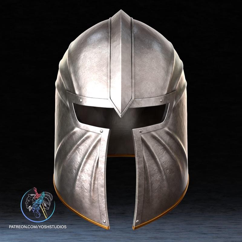 Close-up of a silver steel helmet with a central ridge and visor, featuring gold trim along the bottom edge. The helm...