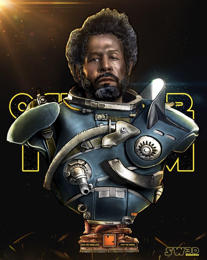Bust of Saw Gerrera from Star Wars, wearing detailed blue and grey armor with hoses and mechanical parts, on a rocky...