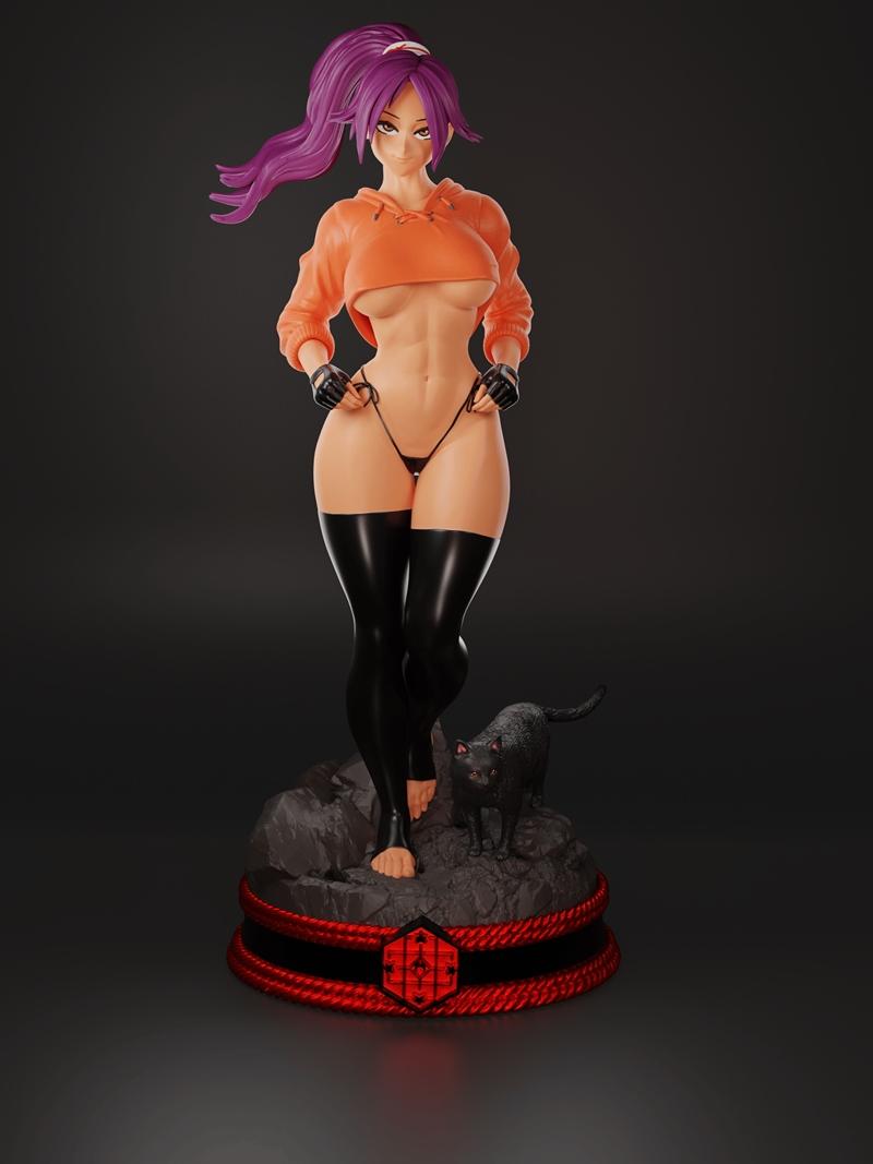 Yoruichi Shihōin 3D model from Bleach, wearing an orange crop hoodie and black lingerie, with a black cat on a rocky...