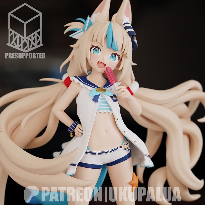 Anime fox girl Samekosaba in a sailor outfit eating an ice pop, with long blonde hair and large ears.