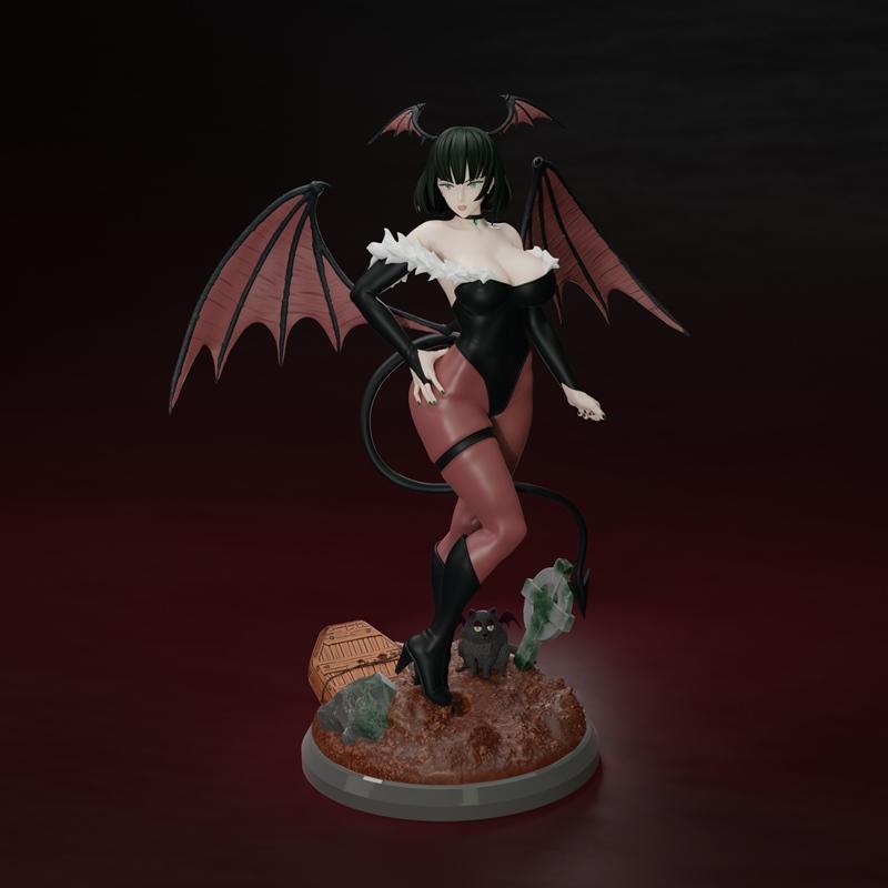 Morrigan Aensland succubus figure with large red wings, horns, and a black leotard, standing on a gothic diorama base...