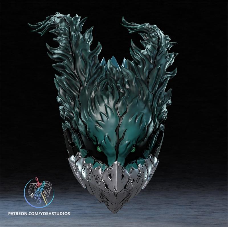 Dark Deku mask from My Hero Academia, featuring a teal, flame-like upper head with sharp metallic lower jaw and glowi...