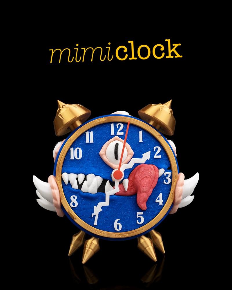 MimiClock alarm clock character with blue face, white teeth, red tongue, golden bells, and white wings, 3D model.