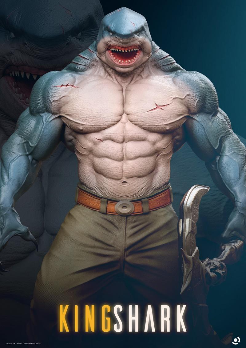 Muscular anthropomorphic shark character, King Shark, with sharp teeth and scars, wearing a belt and pants, holding a...