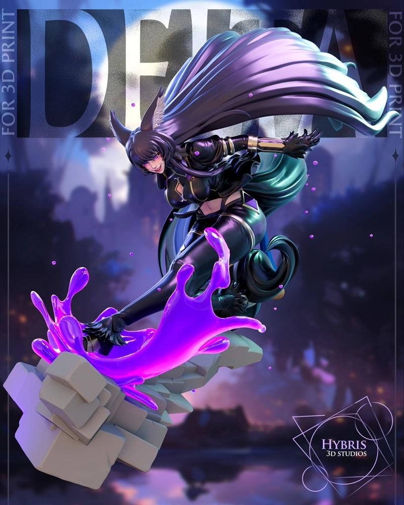 Delta from The Eminence in Shadow anime, depicted as a 3D printable figure. She has black hair, cat ears, and wears a...