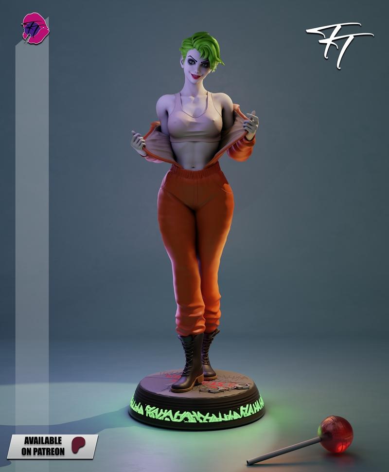Female Joker figure in an unzipped orange prison jumpsuit and crop top, standing on a detailed base with handcuffs. G...