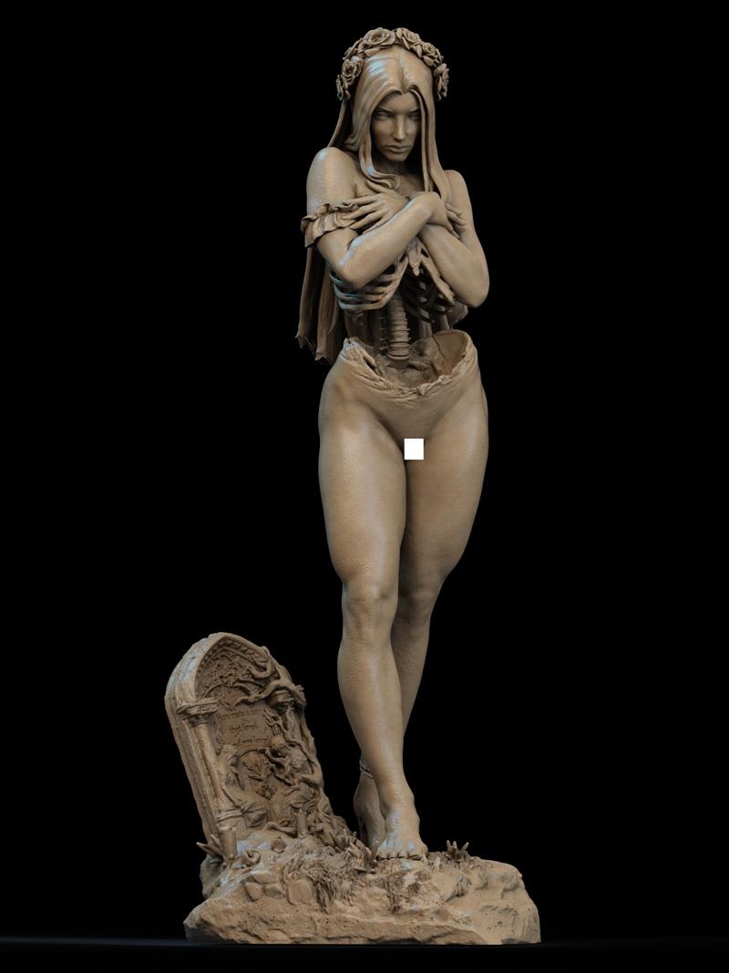 Undead Bride 3D model with exposed ribcage, wearing a floral wreath, standing on a tombstone base. Detailed anatomy a...
