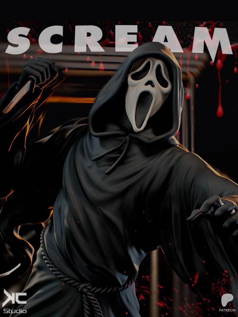 Ghostface killer from Scream franchise, wearing a black robe and mask, holding a knife. KC Studio 3D model.