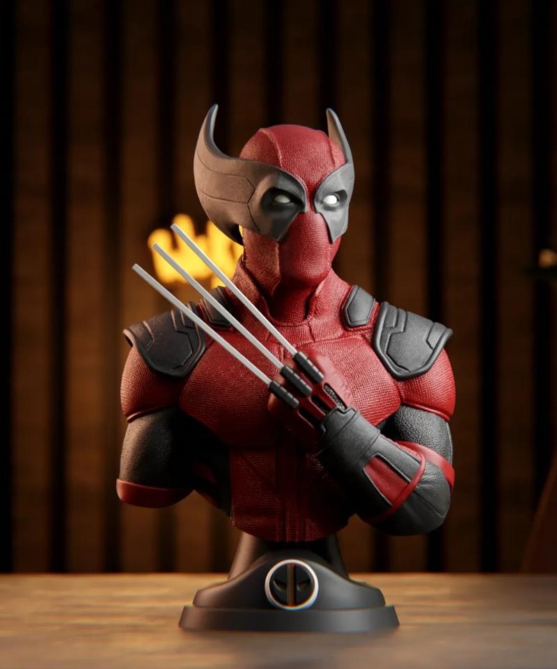 Wolverinepool bust 3D model, featuring red and black suit, extended claws, and mask with ear-like protrusions. Presen...