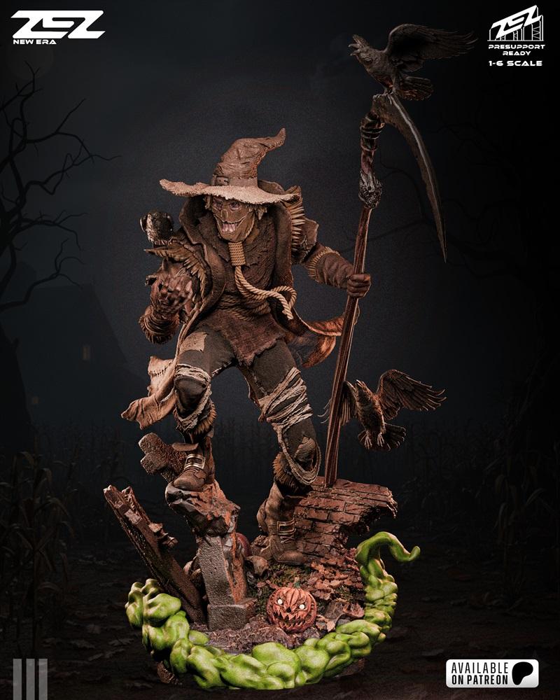 ZEZ Studio 1:6 scale Scarecrow statue with scythe and crows, standing on a base with a pumpkin and vines.