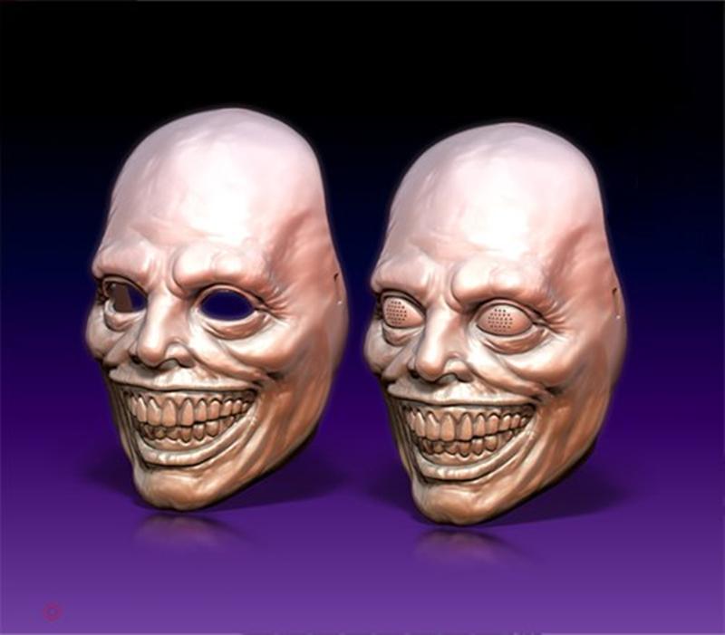 Two 3D models of a creepy mask with a wide, toothy smile and vacant eye sockets, presented by Hex3D.