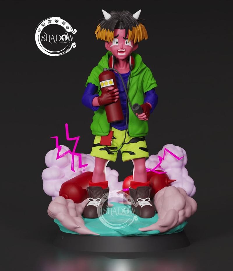 3D model figure of Psyche Oni 4, a pink-skinned character with white horns and spiky hair, wearing a green hoodie, pa...