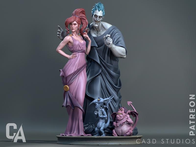 Hades and Megara figures from Hercules, with two small demons at their feet, sculpted by CA 3D Studios.