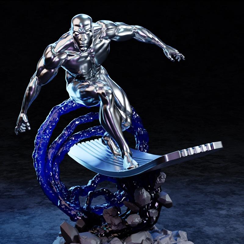 Silver Surfer figure in a dynamic pose, riding a surfboard on swirling blue energy and rocky debris. The character is...