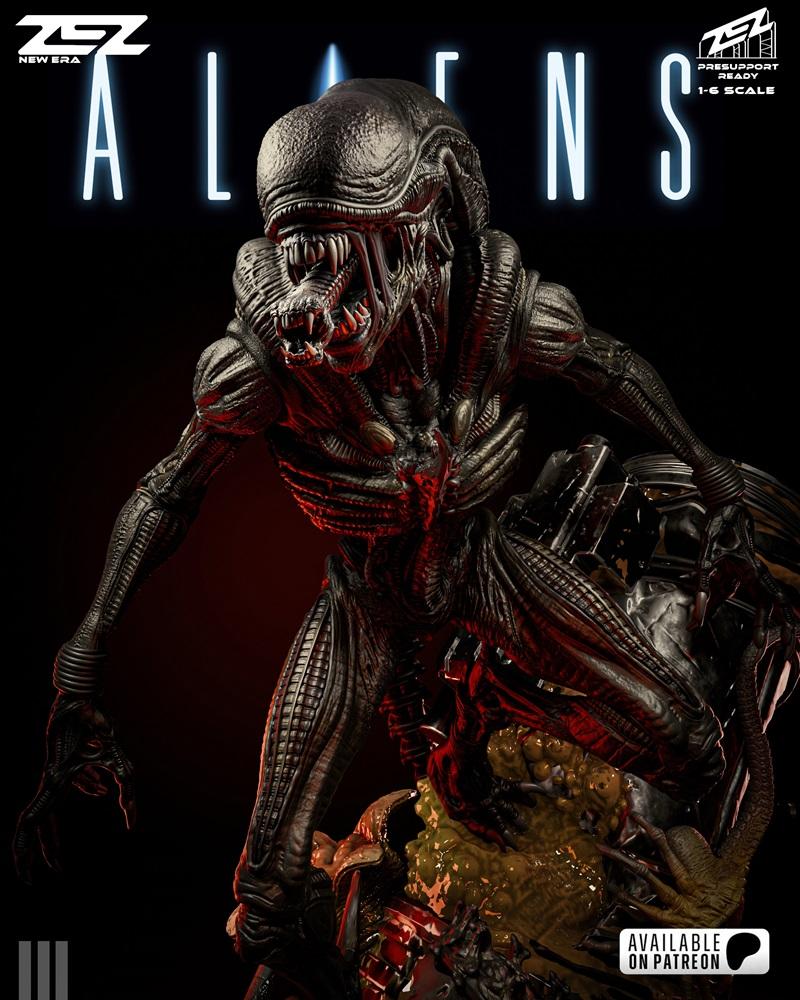 ZEZ Studio Xenomorph figure in a dynamic, menacing pose, showcasing intricate biomechanical details and sharp teeth a...