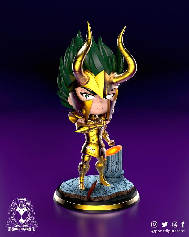 Chibi Shura from Saint Seiya in golden armor with green hair and horns, holding a glowing sword, standing on a cracke...