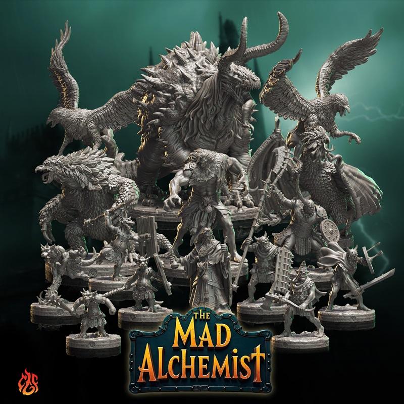 Fantasy miniature set from Crippled God Foundry featuring a central alchemist, a large horned beast, winged creatures...