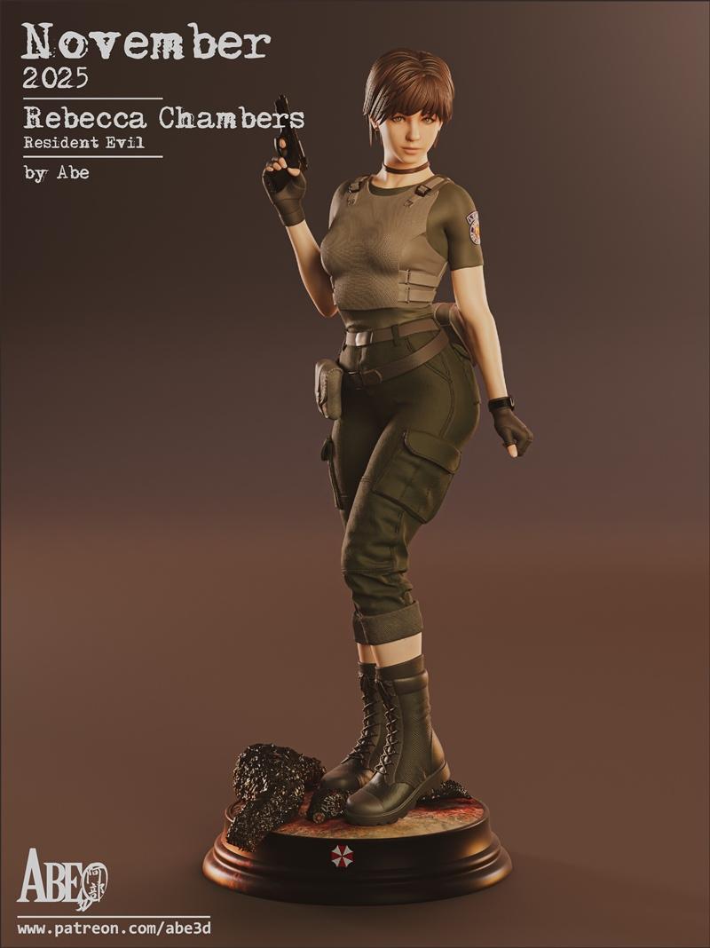 3D model figure of Rebecca Chambers from Resident Evil, wearing tactical gear and holding a pistol, standing on a bas...