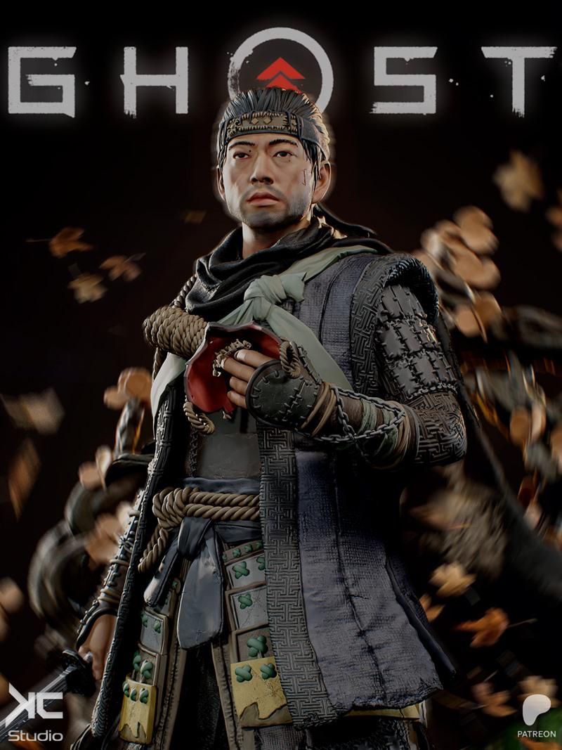 Jin Sakai from Ghost of Tsushima, a 3D printable figure by KC Studio, wearing detailed samurai armor and a headband,...