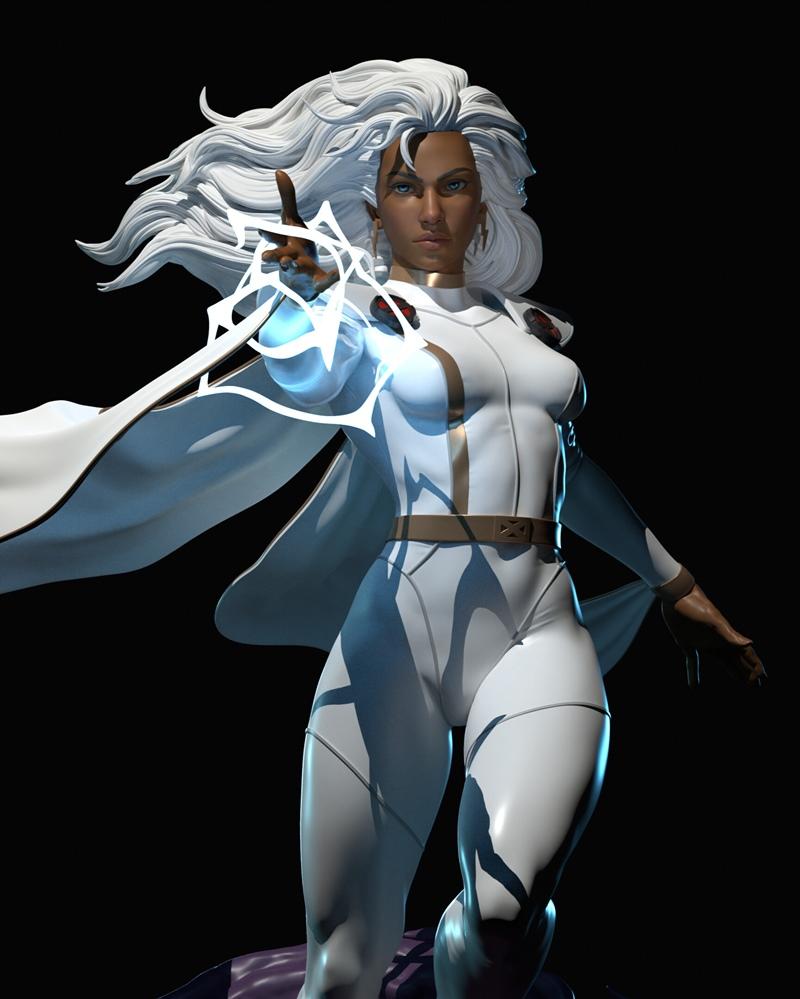 Storm from X-Men in a white suit and cape, conjuring lightning from her hand, white hair flowing.