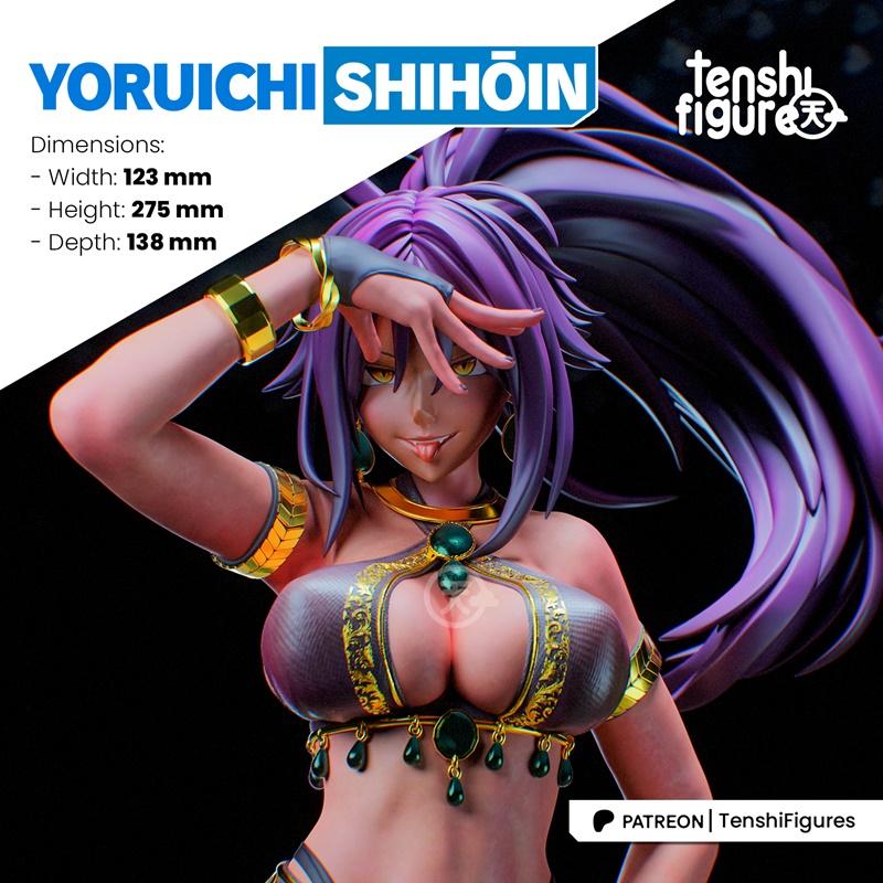 3D model figure of Yoruichi Shihōin from Bleach, with purple hair, golden jewelry, and revealing attire, posed seduct...