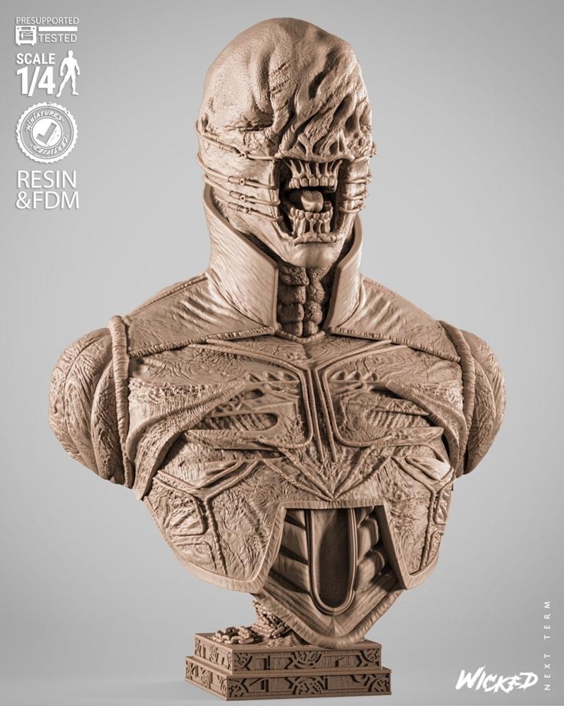 Wicked's Chatterer portrait bust, a 1/4 scale 3D printable model. Features a monstrous head with exposed teeth, intri...