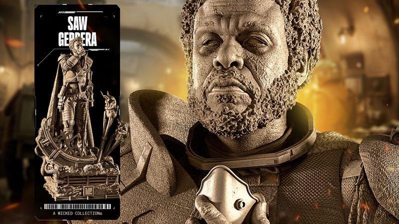 SW3D Saw Gerrera sculpture, a 3D printable model. The figure wears detailed armor and a cape, standing on an intricat...