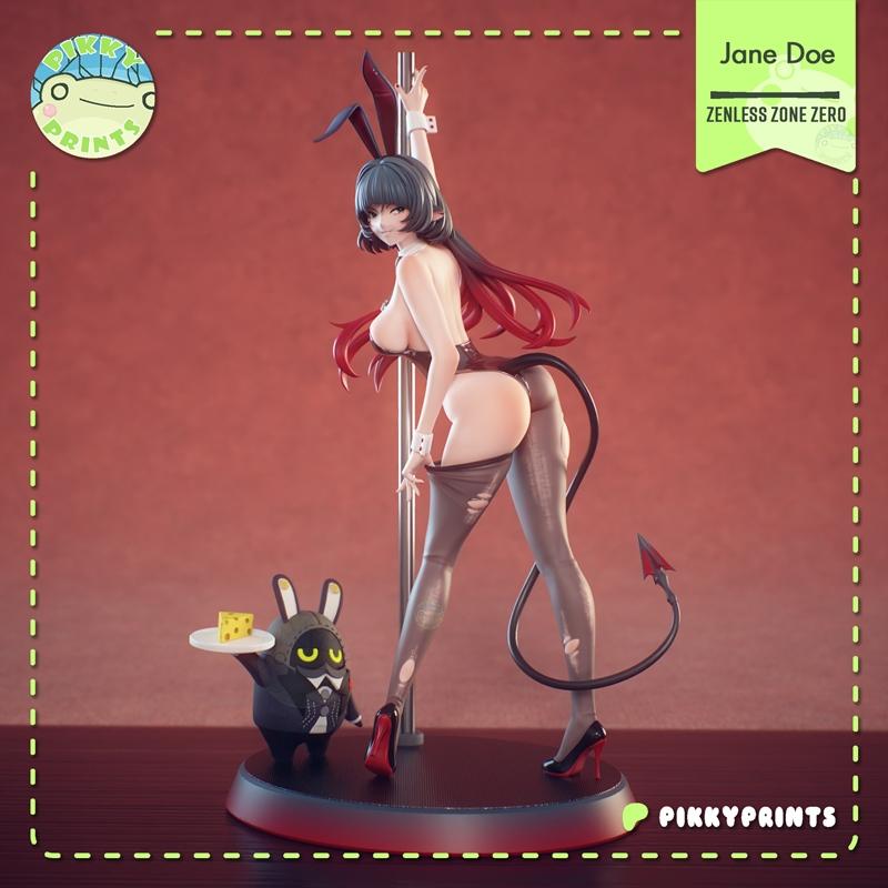 Jane Doe figure from Zenless Zone Zero by Pikky Prints, posing on a pole in a revealing bunny-girl outfit with devil...