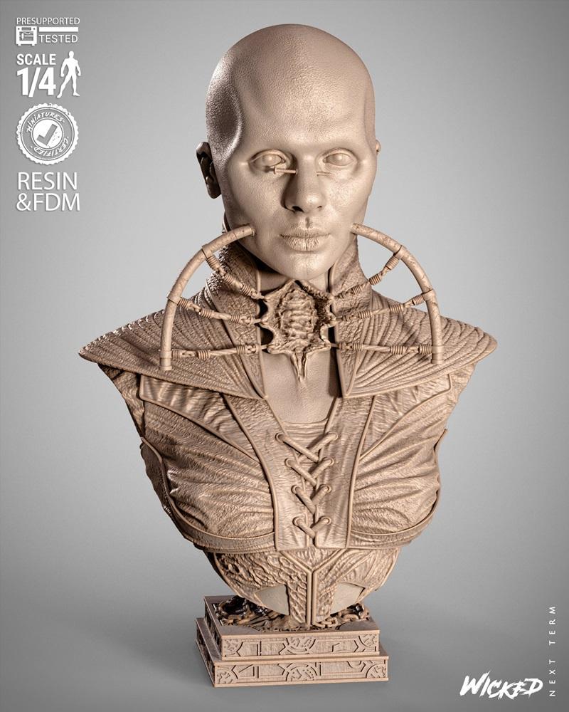 Bust of a bald female Cenobite from Hellraiser, wearing a detailed corset and metallic neck adornments, presented on...