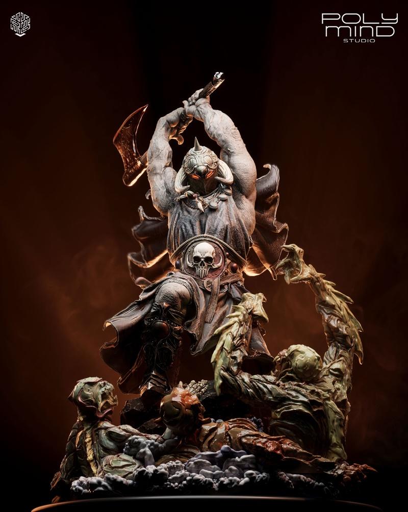 A muscular, armored warrior figure, the Death Dealer, raises an axe for a downward strike over fallen, grotesque figu...