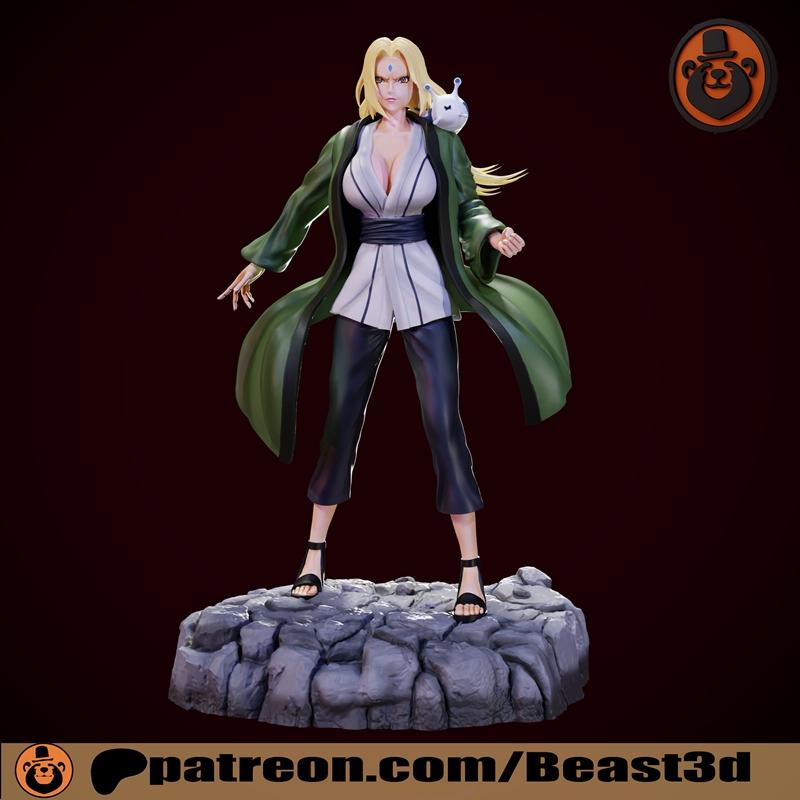 Tsunade from Naruto anime standing on a rocky base, wearing a green open robe over a white top and dark pants, with h...