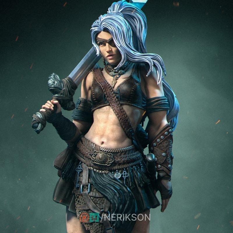 Lia the Barbarian Mercenary 3D model, a female warrior with white hair, eyepatch, and leather armor, holding a large...