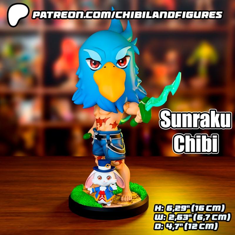 Chibi Sunraku figure with blue bird head, red eyes, and glowing green sword, standing next to a rabbit character in a...
