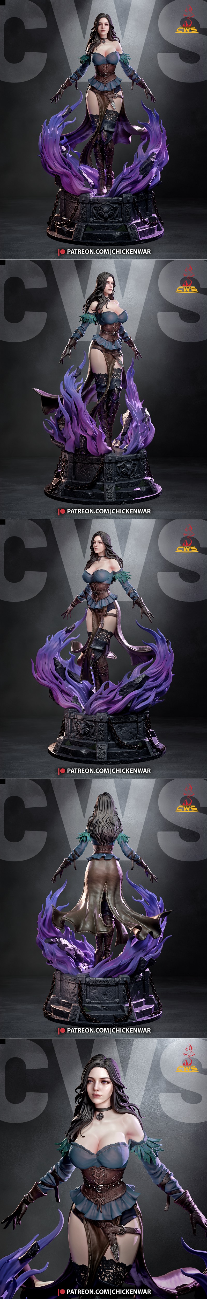 Yennefer of Vengerberg 3D model figure by CW Studio, wearing a corset and revealing outfit, with purple magic effects...
