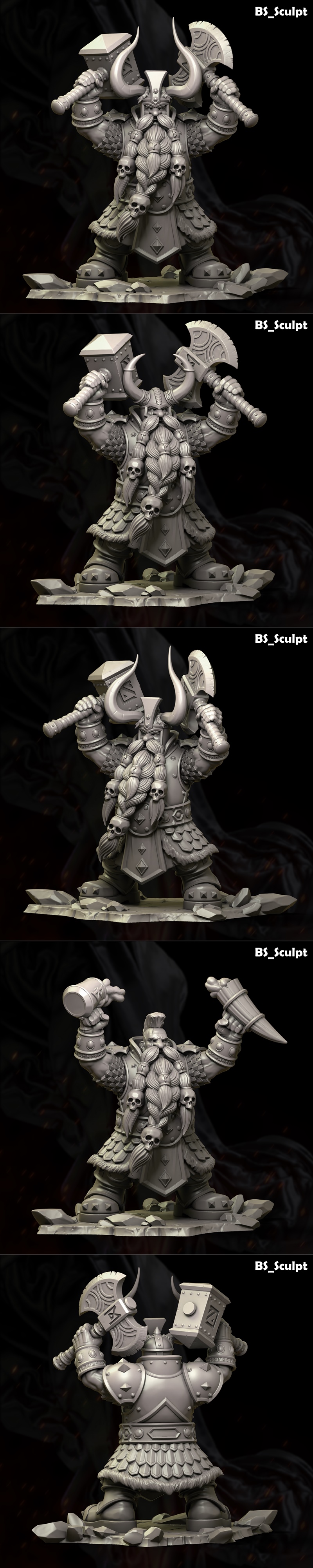 Three variations of a 3D printable Dwarf King figure by BS-Sculpt, featuring horned helmets, braided beards with skul...
