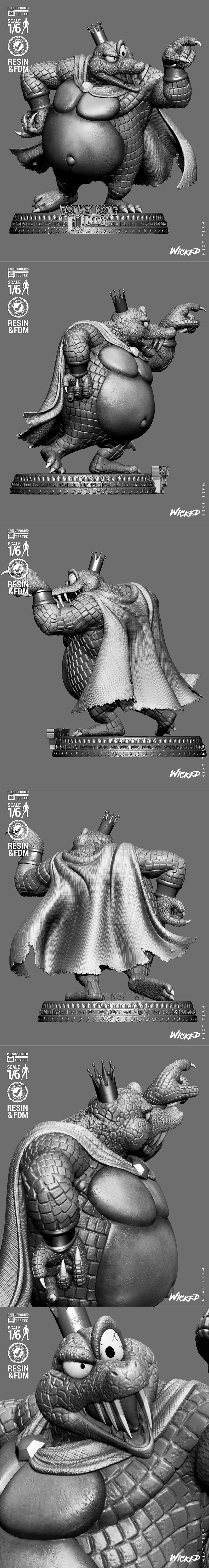 3D model of King K. Rool from Donkey Kong Country, wearing a crown and cape, standing on a detailed base. Sculpted by...